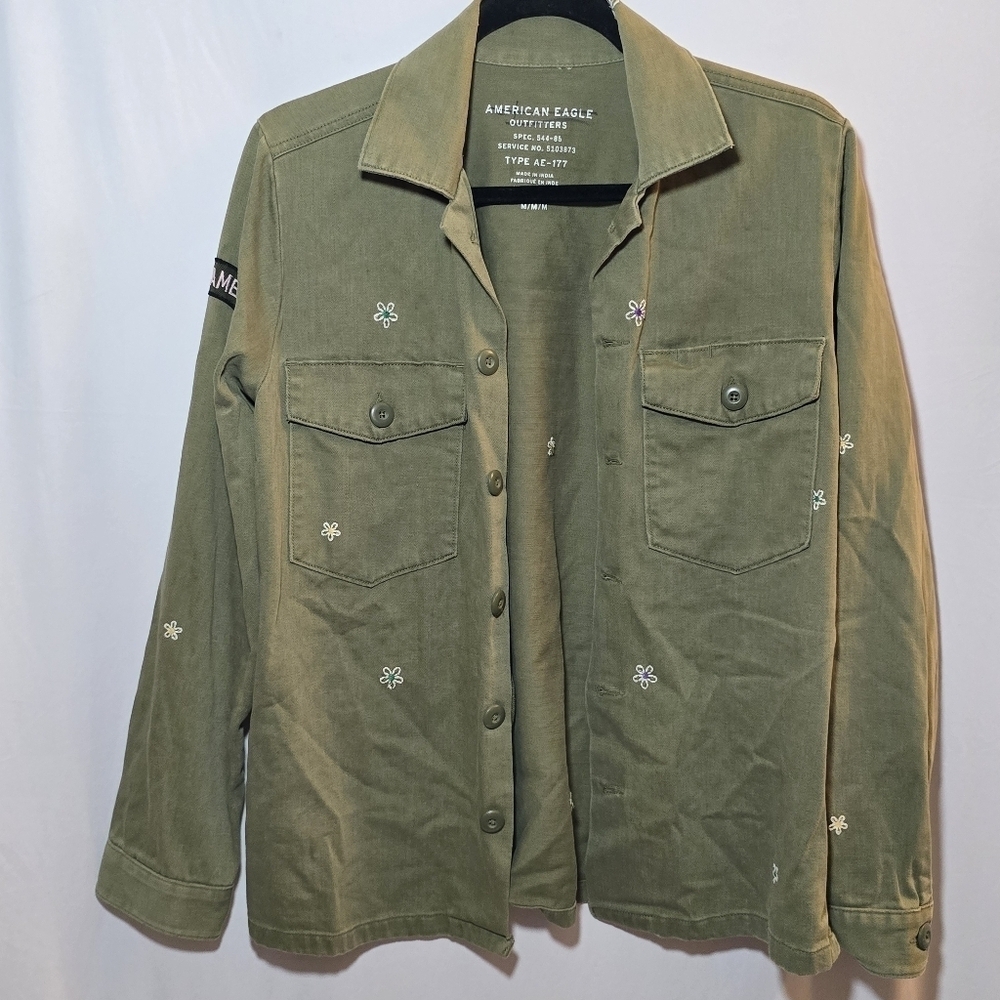 American Eagle Army Green Flower Embroidered Oversized Jacket Dreamer, sz M